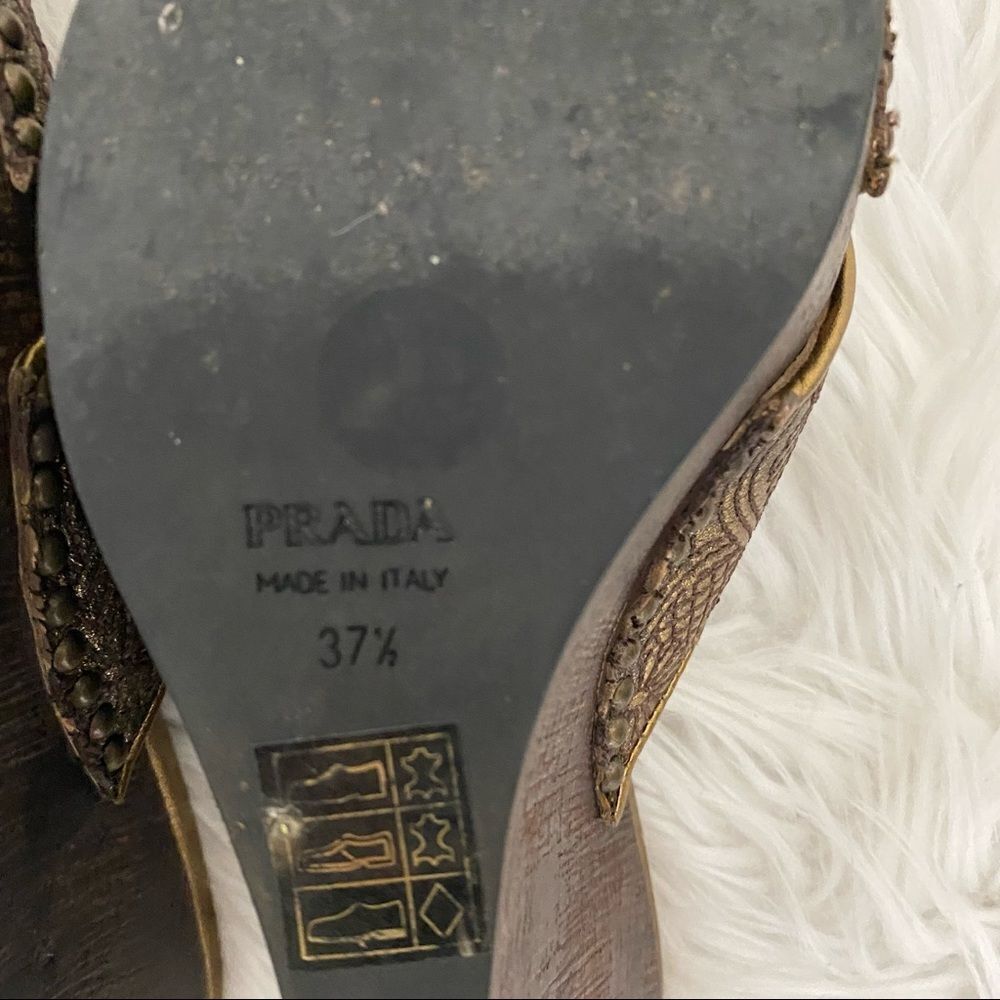 Prada vintage embossed leather bronze peep toe wedges sandals EUR 37.5 US 7 - Picture 9 of 9